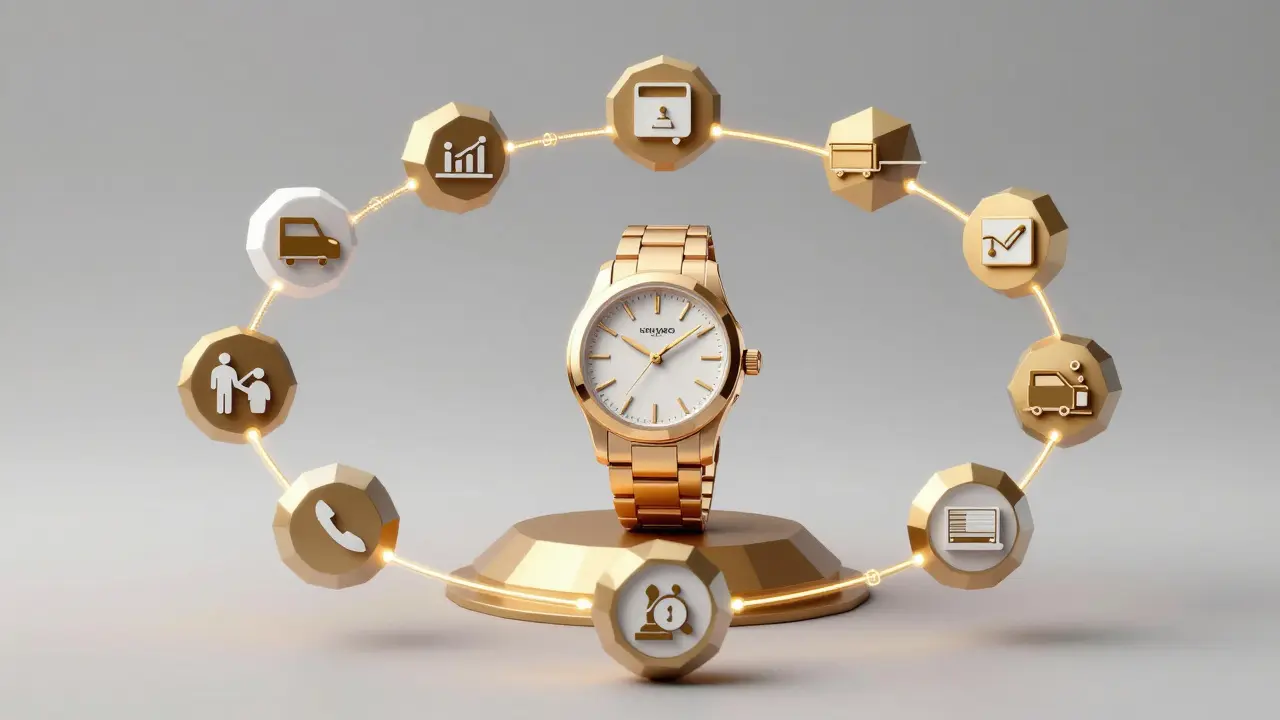 Low-poly watch surrounded by golden digital supply chain verification loop