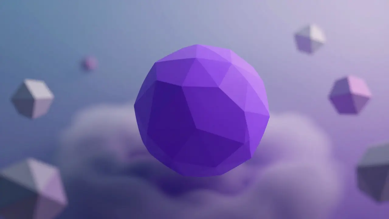 Opaque purple sphere hidden within a cloud of blurred geometric shapes