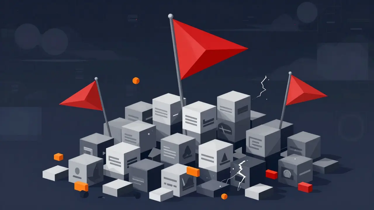 Red warning flags rising from chaotic low poly data blocks signaling risk
