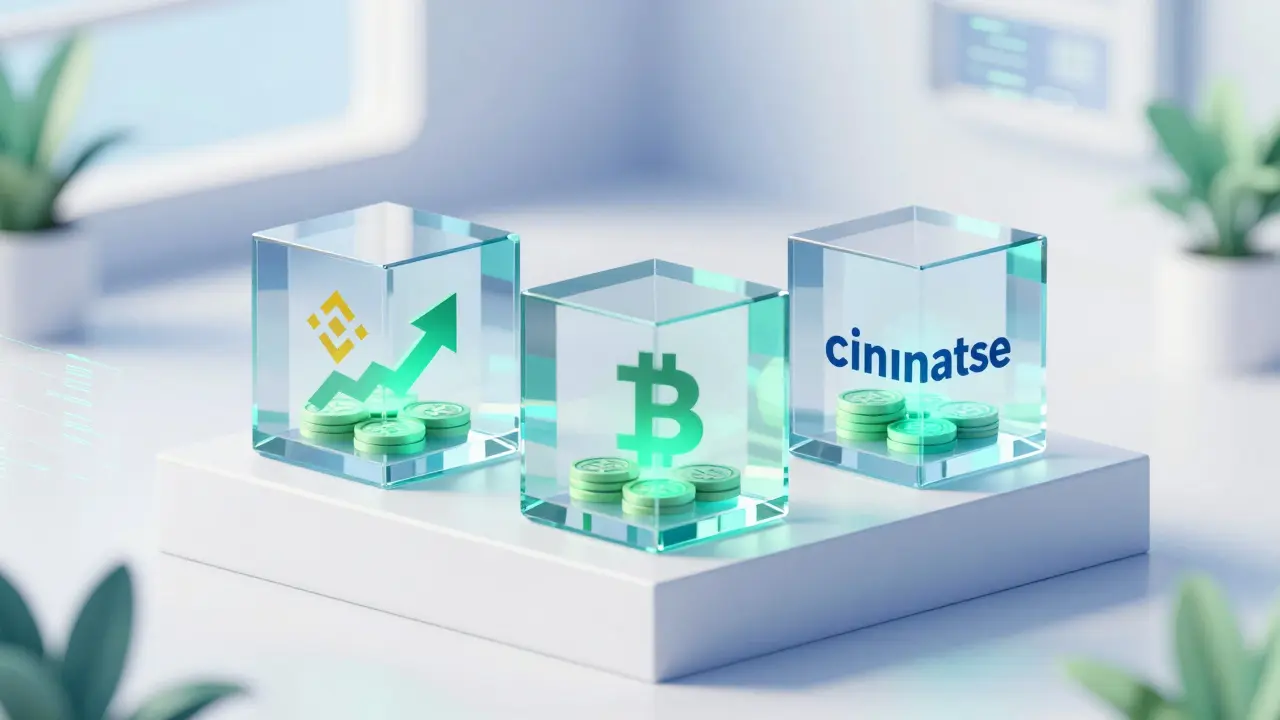 Secure, glowing assets inside transparent cubes on a pedestal, representing safe crypto exchanges.