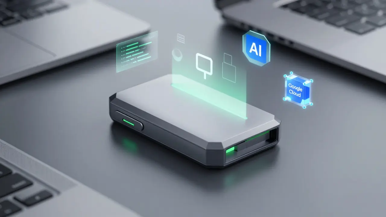 Stylized hardware wallet with glowing data streams representing secure storage