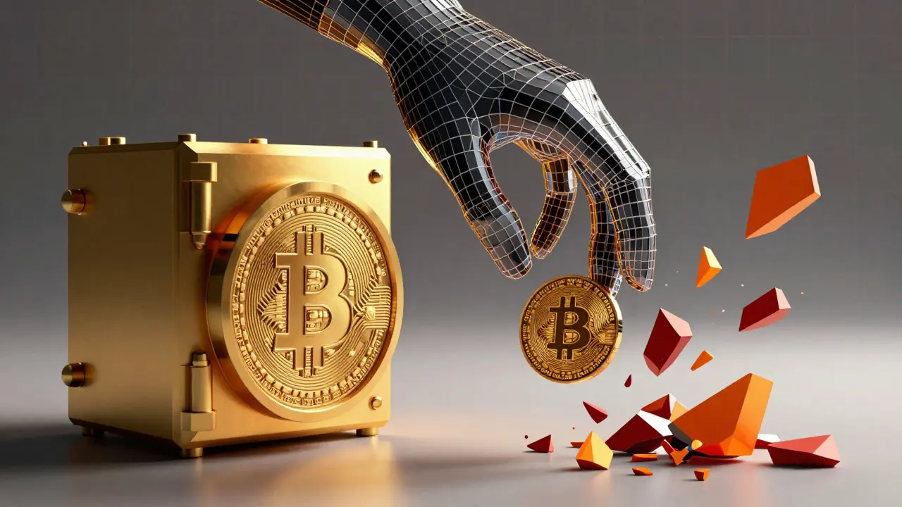 Wireframe hand pushing fragmented red shards away from a golden vault
