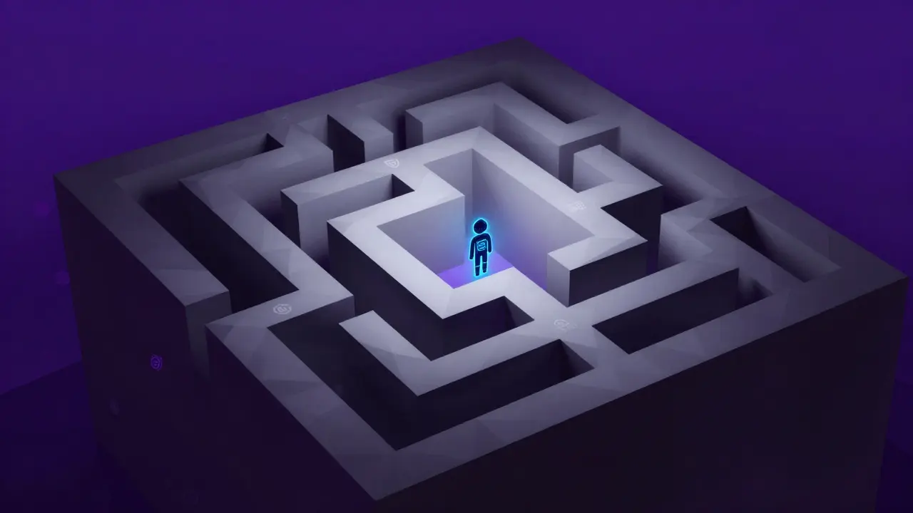 Abstract low poly maze representing crypto regulatory challenges and risks