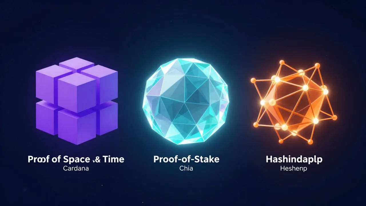 Abstract low poly shapes representing different green crypto consensus mechanisms