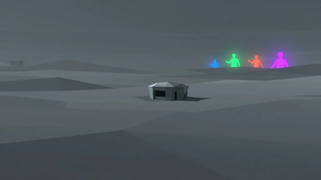 Desolate low poly digital landscape showing an isolated, stagnant game server.