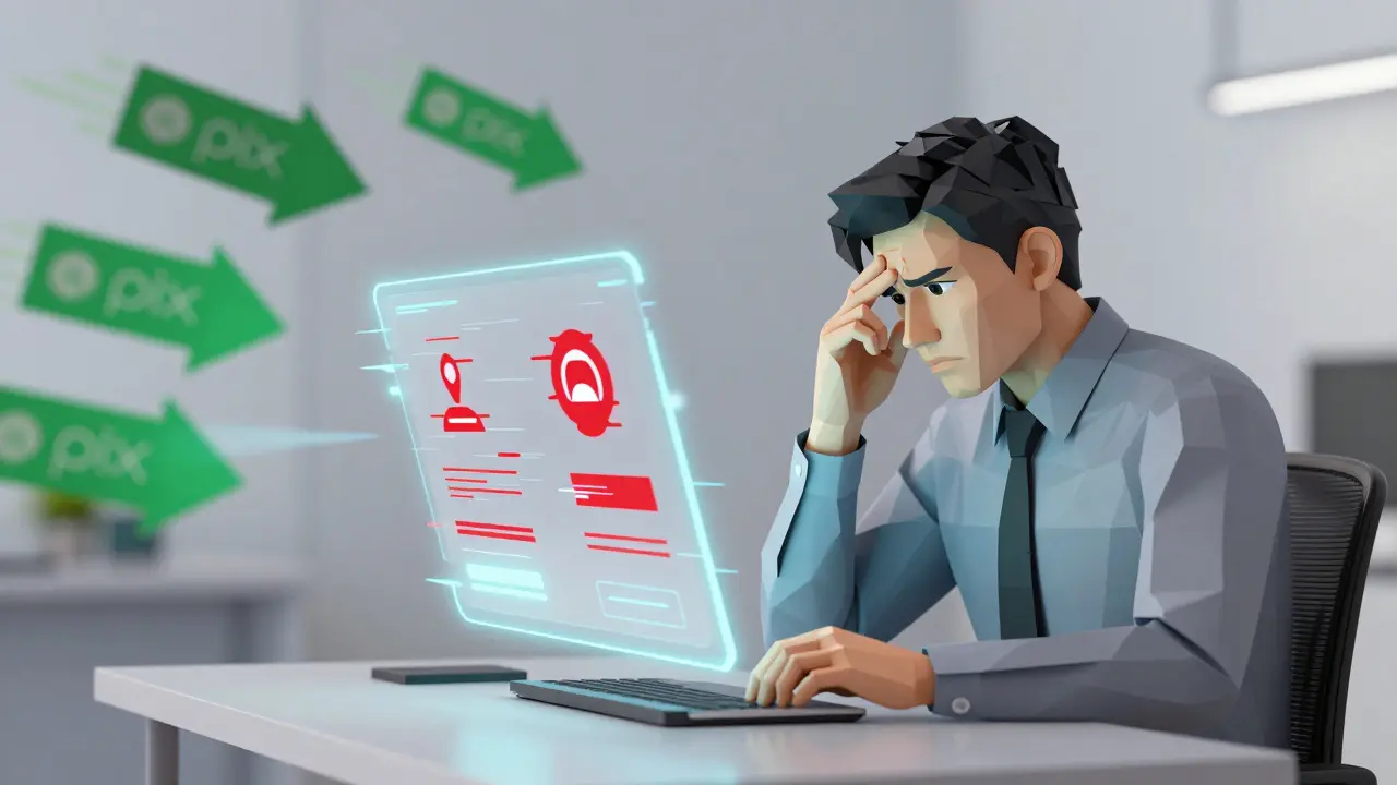 Frustrated user facing a glitching holographic trading interface