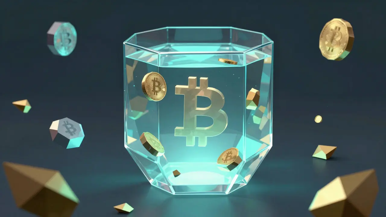 Geometric liquidity pool with Bitcoin assets in low poly style