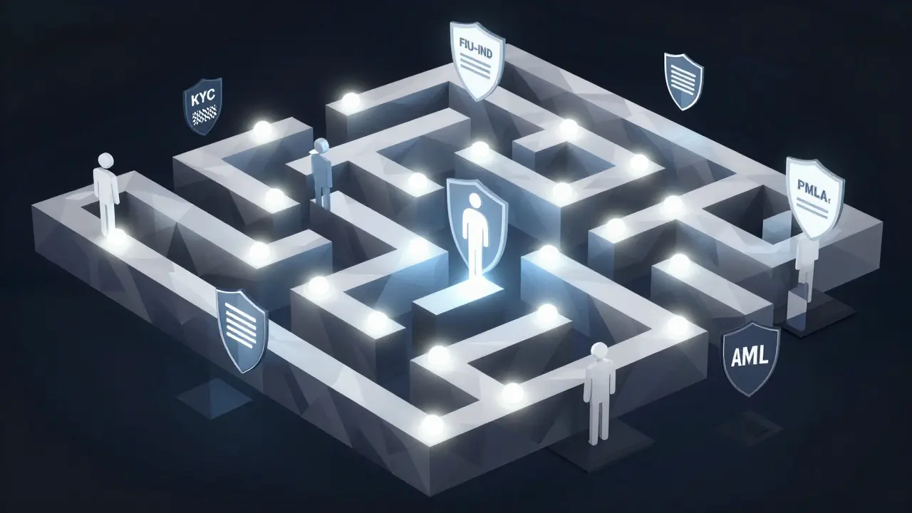Geometric maze representing strict crypto compliance and KYC rules
