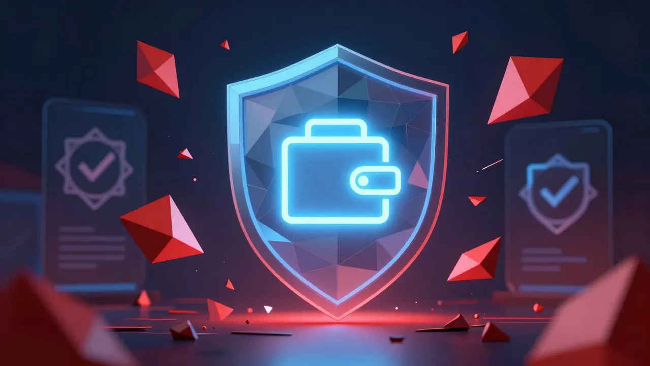 Geometric shield protecting digital wallet from scams