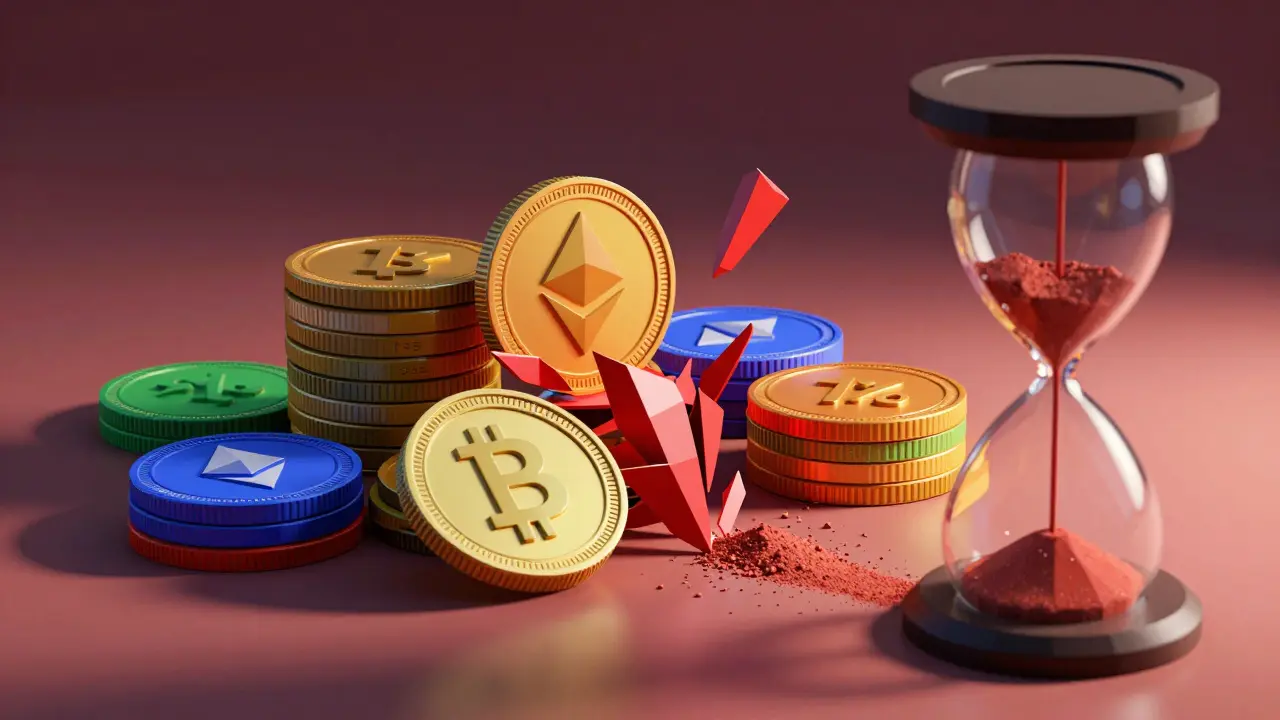 Low poly art showing crypto coins being eroded by red fee shards and an hourglass.