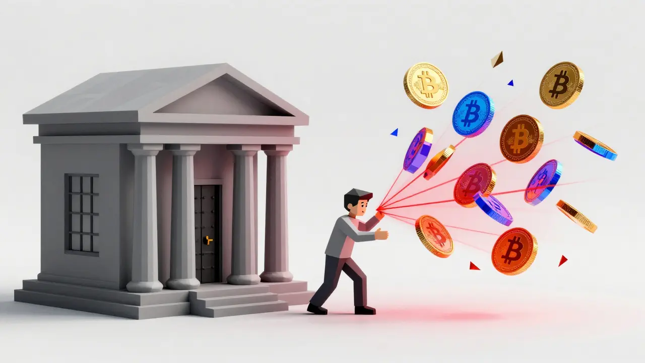 Low poly bank blocking colorful crypto coins with a force field