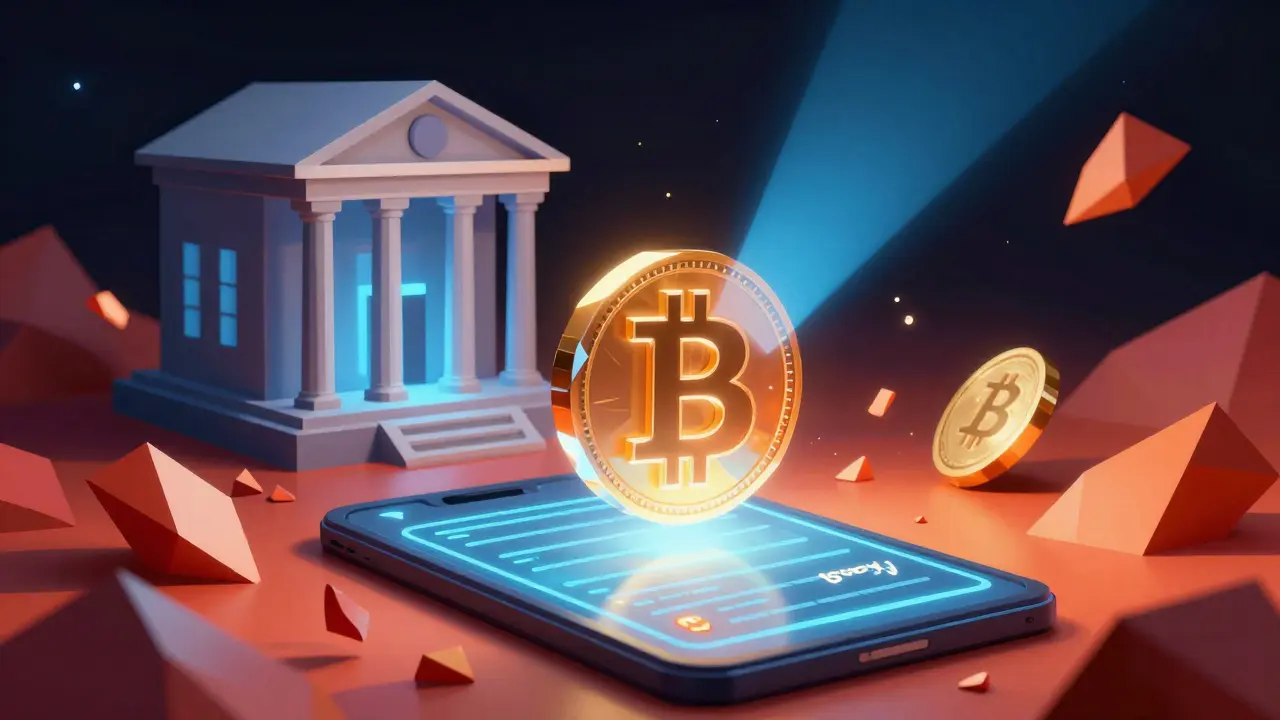 Low poly Bitcoin caught between tax property and currency labels