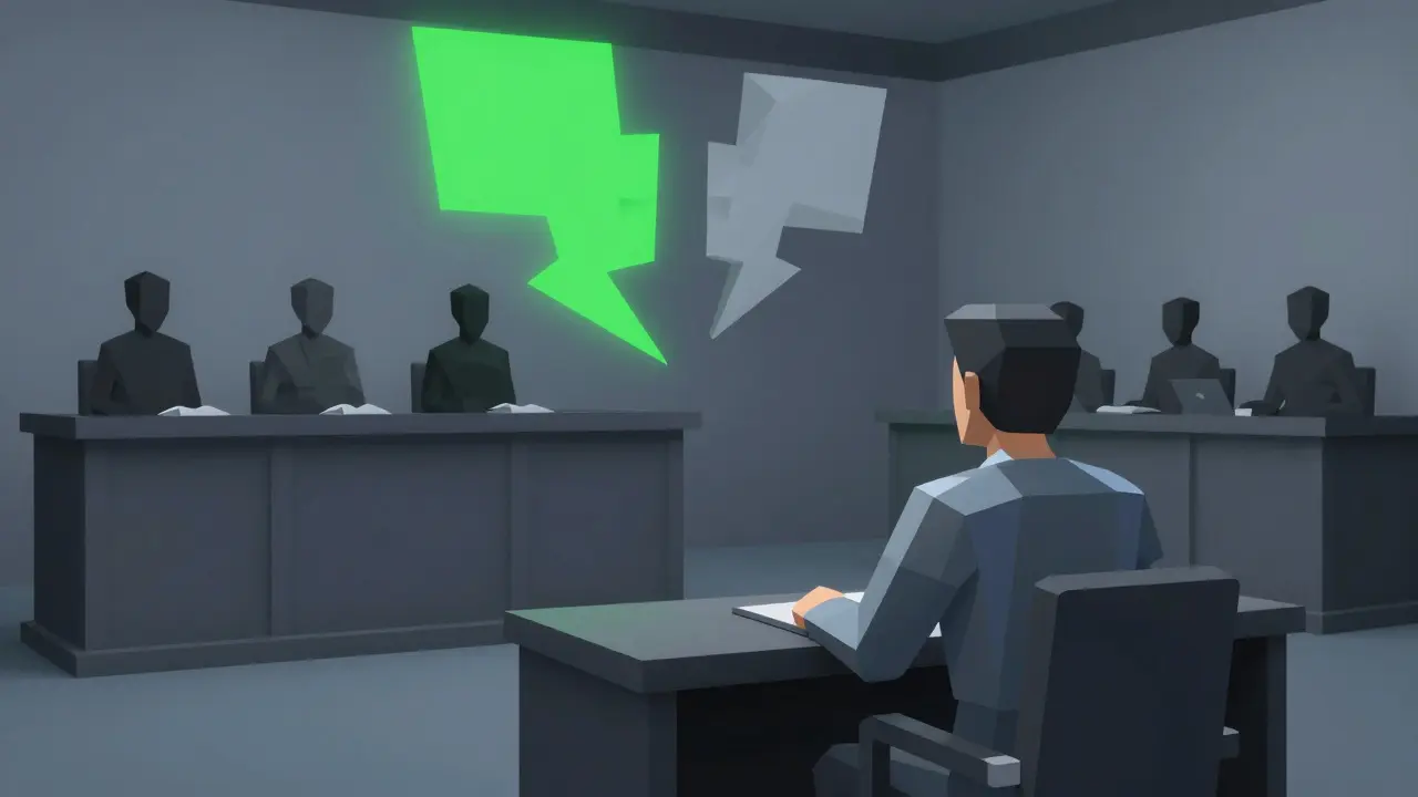 Low poly courtroom scene showing a developer facing a split legal verdict