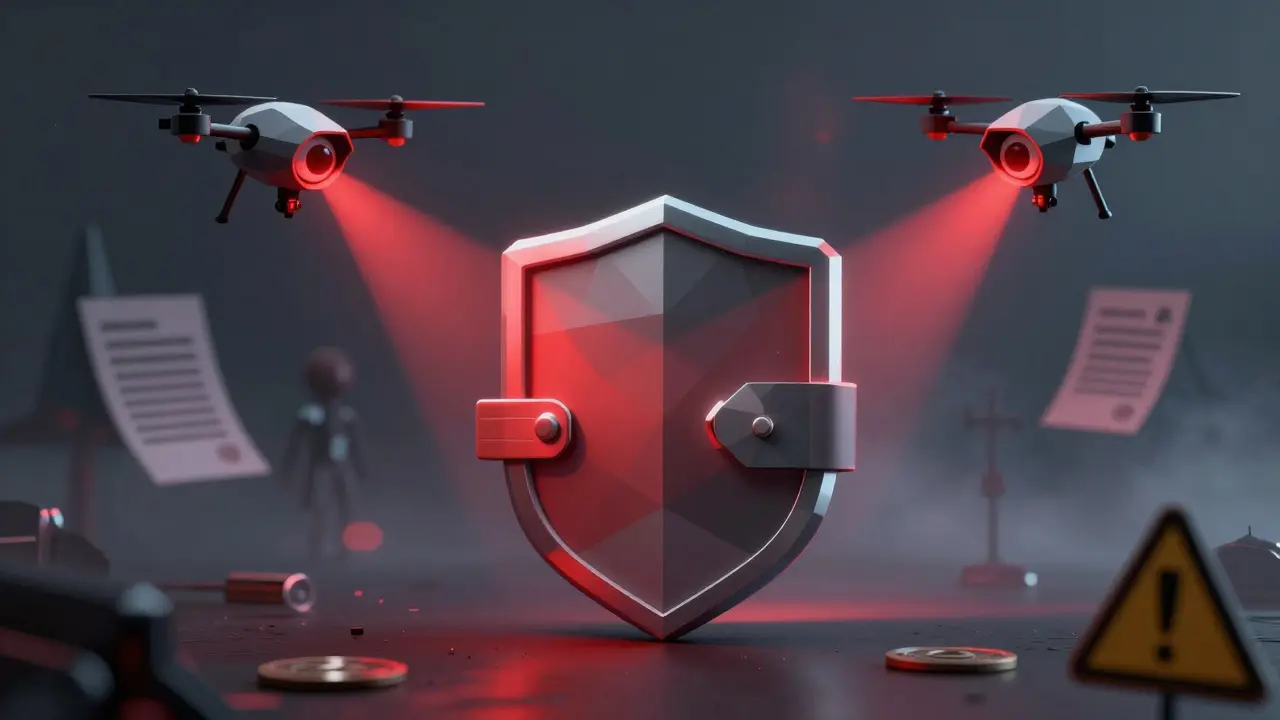 Low poly crypto wallet under surveillance by red scanning lasers