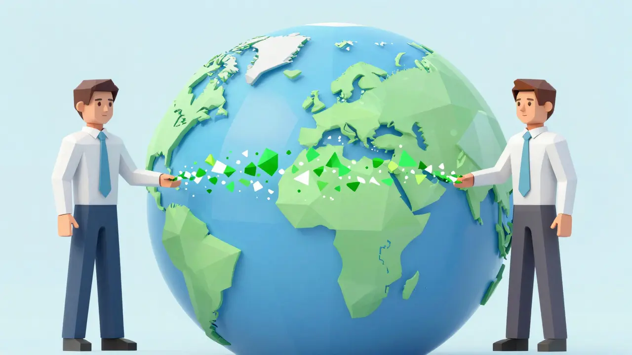 Low poly figures exchanging digital tokens across a geometric globe