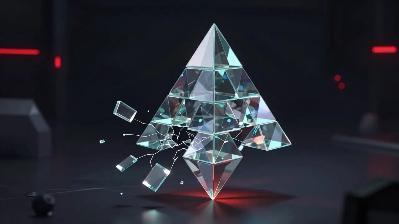 Low poly glass pyramid crumbling to show crypto token volatility and risk