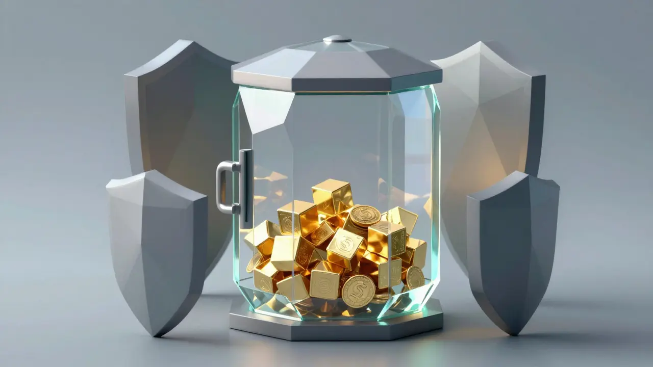 Low poly glass vault containing golden reserve cubes for security
