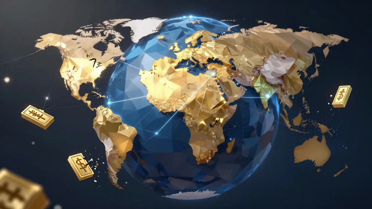 Low poly globe showing digital financial connections radiating from China to the rest of the world.