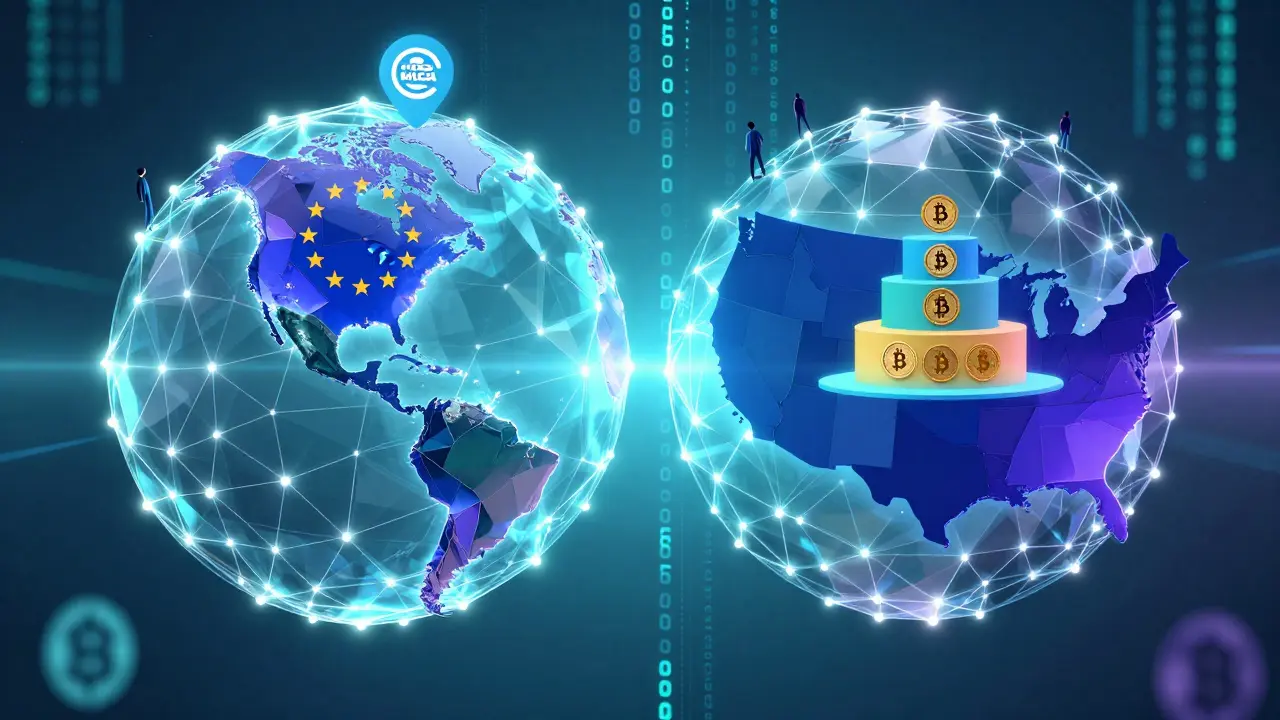 Low poly globe showing EU virtual assets and US tiered crypto rules