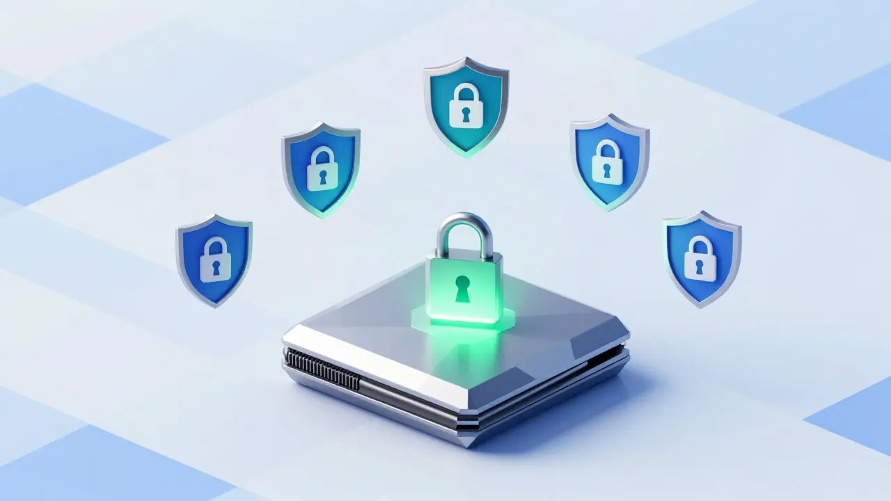 Low poly graphic of a secure hardware wallet surrounded by shields and locks for safety