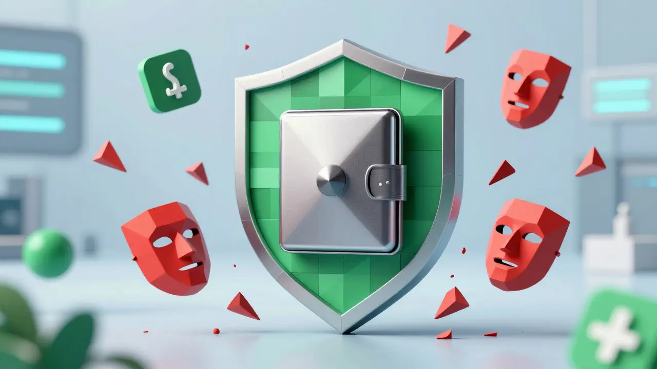 Low poly graphic of hardware wallet shielded against cyber threats