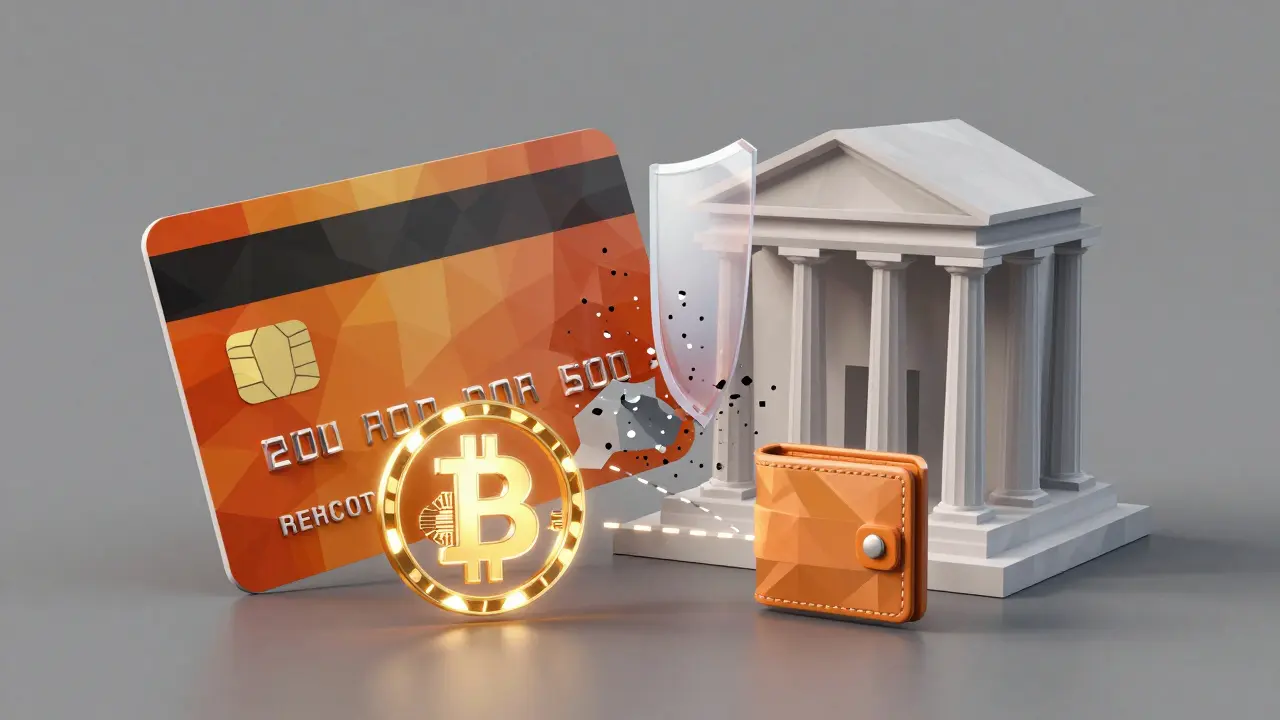 Low poly graphic showing fiat cards blocked from crypto exchange
