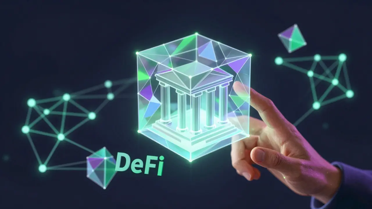 Low poly hand interacting with decentralized finance smart contract