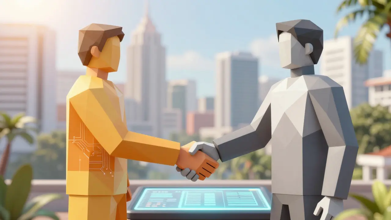 Low poly handshake between a tech startup and regulatory compliance figure