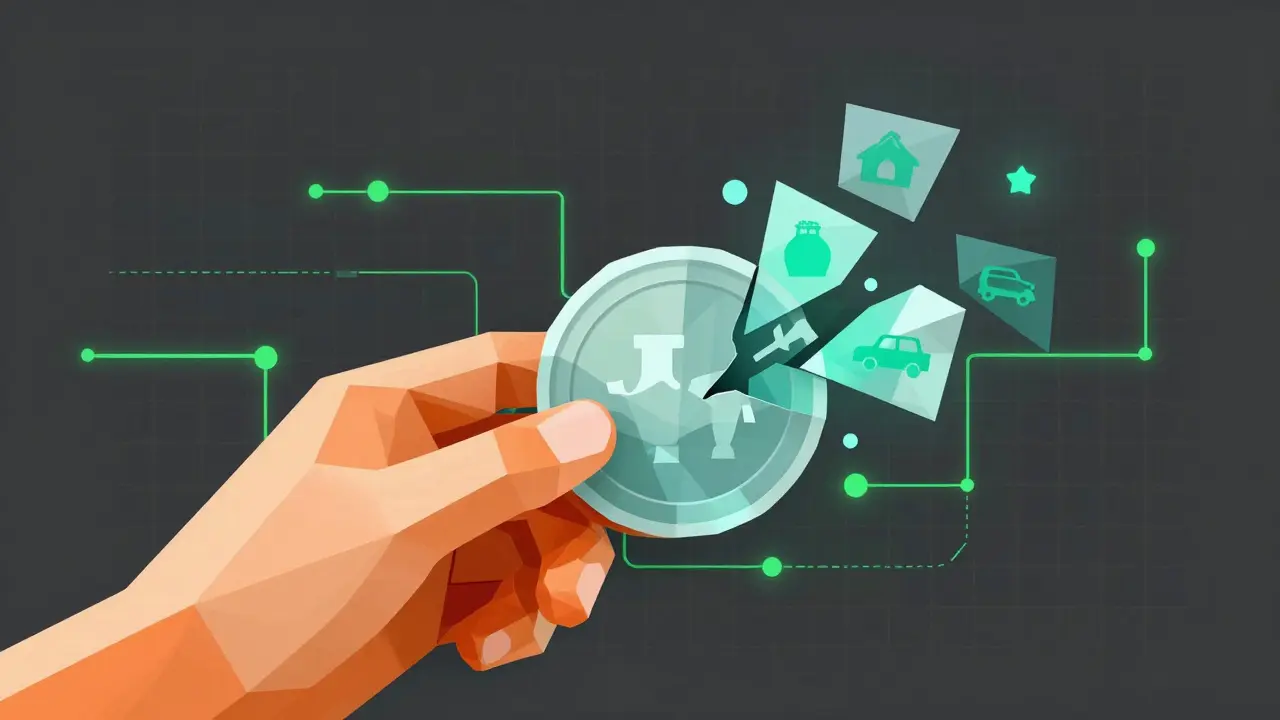 Low poly illustration of a programmable digital coin fragmenting into restricted spending categories.
