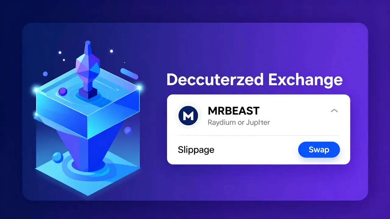 Low poly illustration showing the process of safely trading MRBEAST tokens on a decentralized exchange using a crypto wallet.