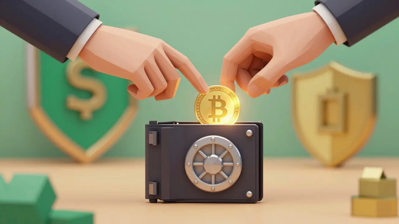 Low poly image of a hand placing a crypto token into a secure hardware wallet.