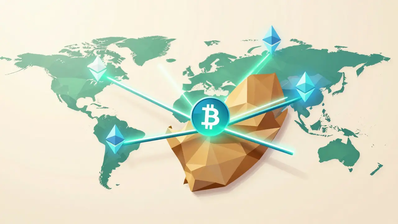 Low poly map of South Africa connected to global crypto assets