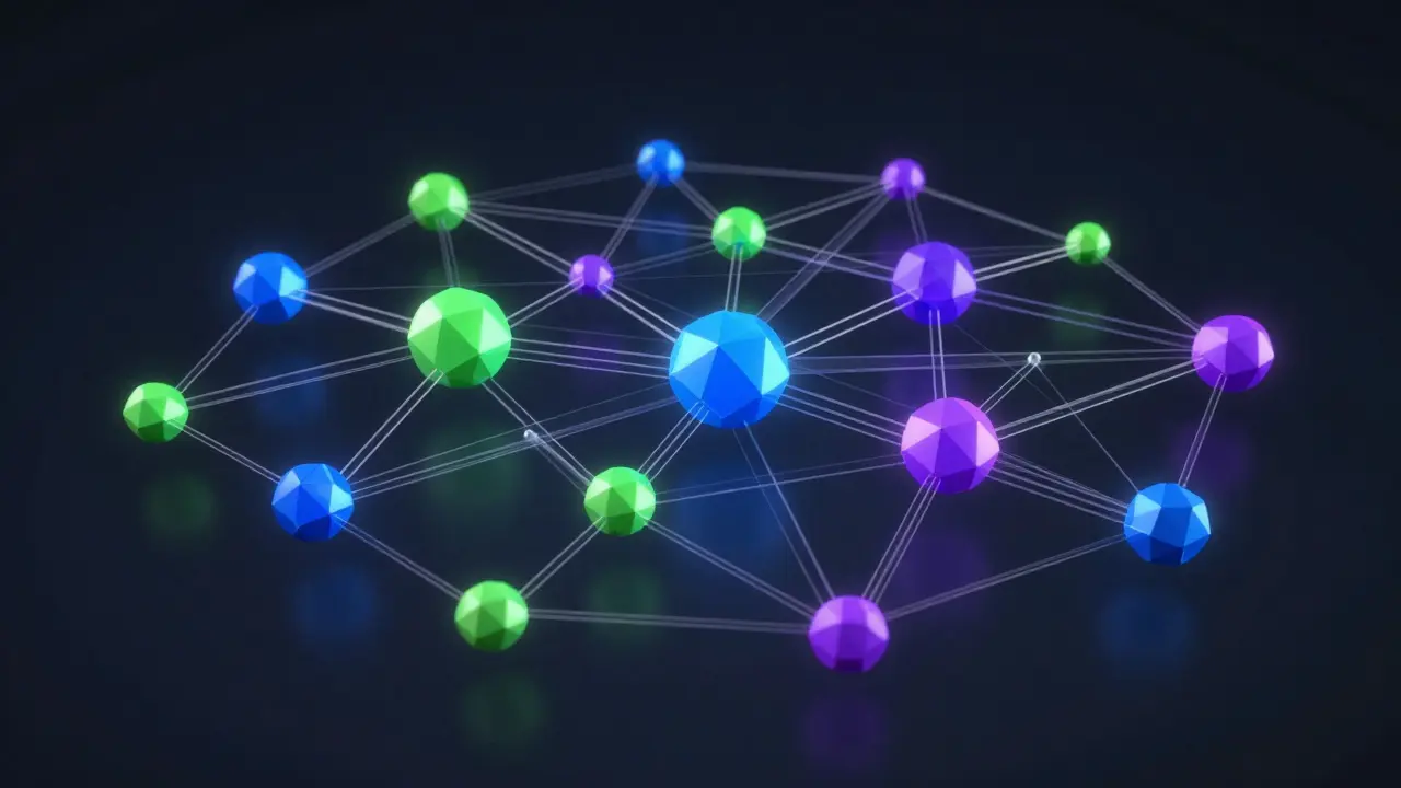 Low poly network diagram illustrating the collaborative crypto ecosystem