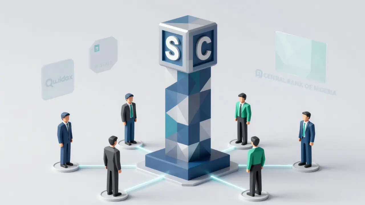 Low poly SEC pillar overseeing registered crypto exchanges