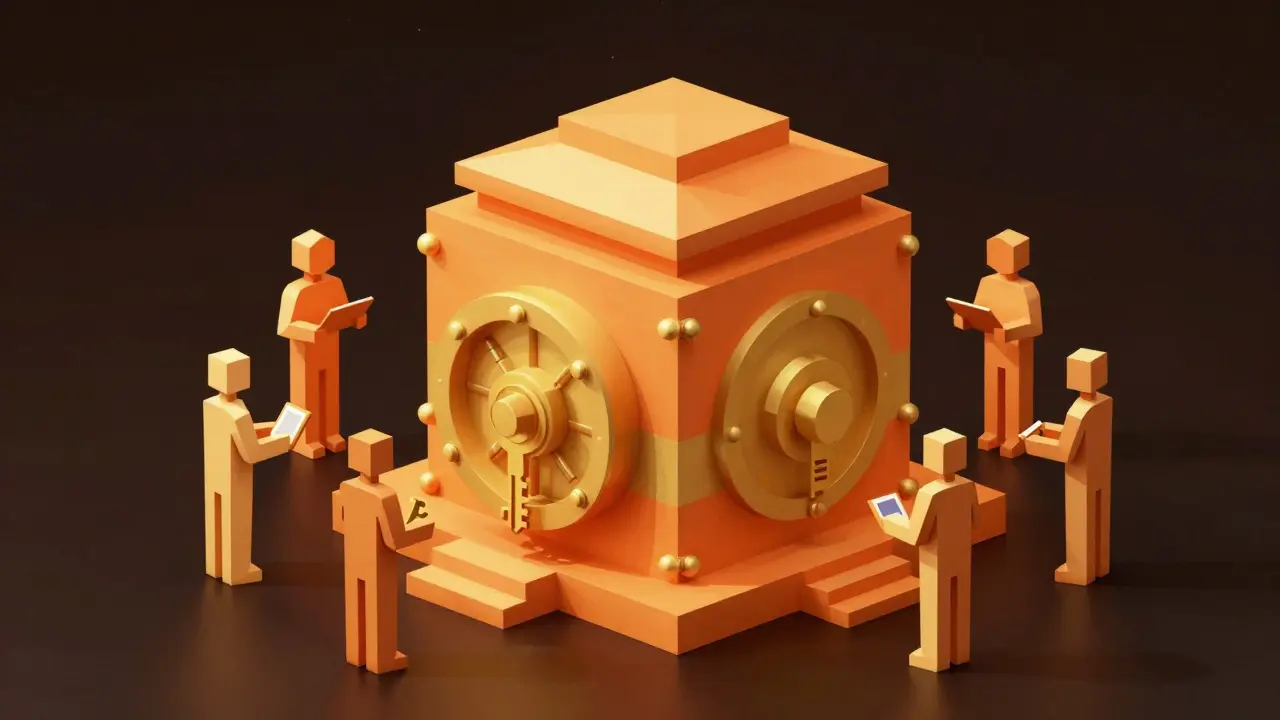 Low poly staking vault with validator figures