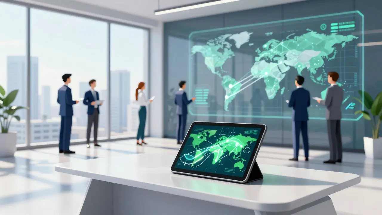 Modern office scene with low poly style showing corporate adoption of green crypto