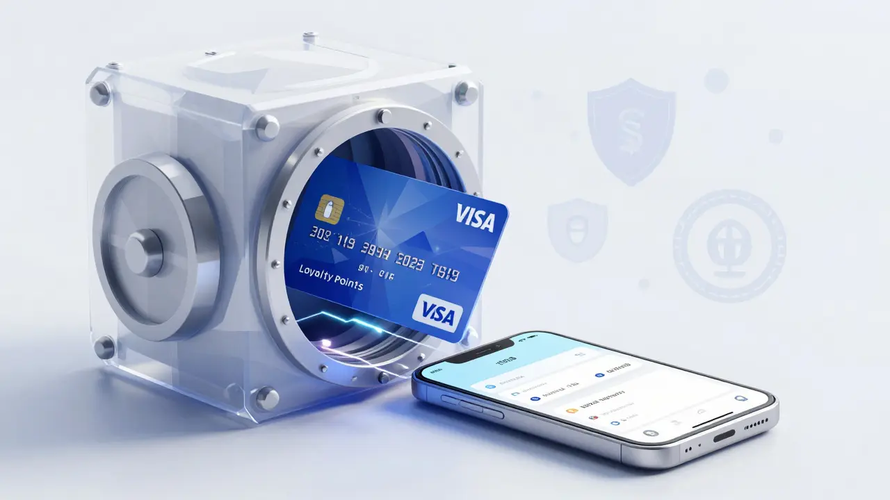 Secure crypto debit card emerging from digital vault