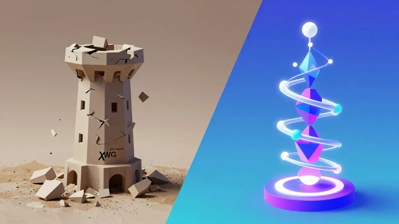 Split view comparing a crumbling old crypto tower to a vibrant new network.