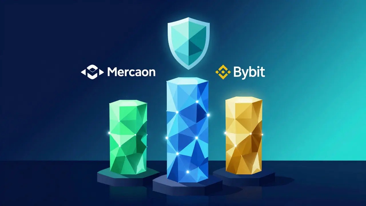 Three glowing low poly pillars representing safe crypto exchanges