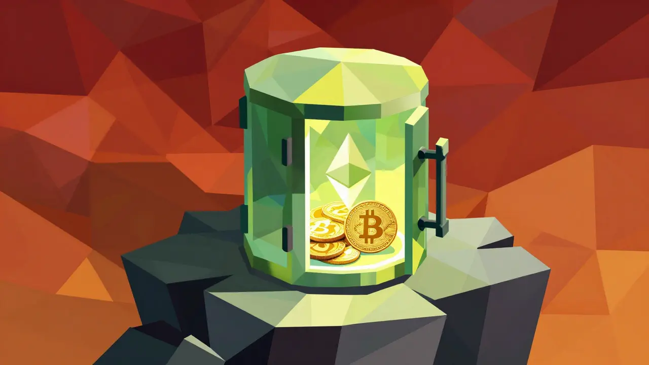 Abstract low poly art showing a fragile vault with crypto coins