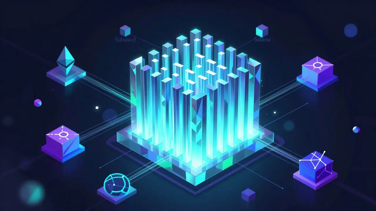 Abstract low poly graphic of DuckDB query engine connecting multiple blockchain networks.