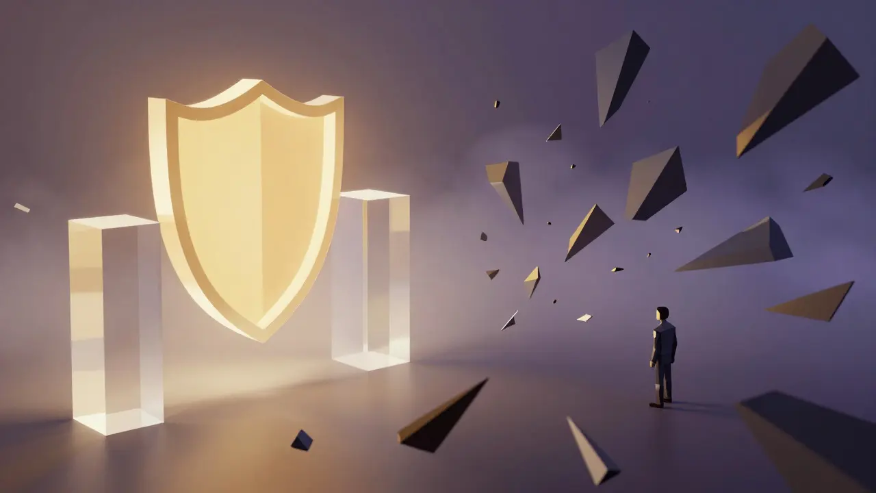Abstract low poly image contrasting safe regulated pillars with chaotic unregulated shards