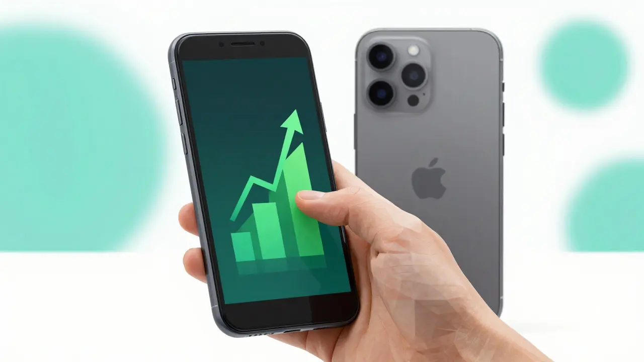 Android phone showing staking gains next to inactive iPhone