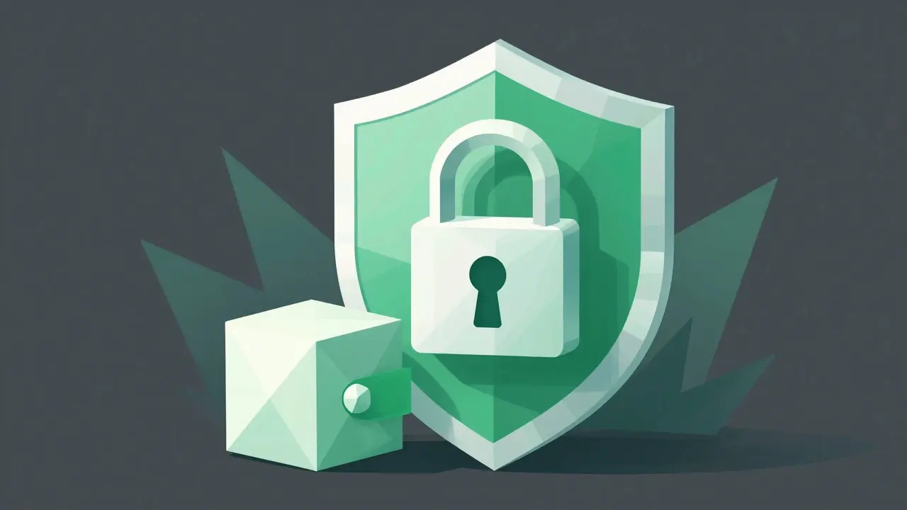 Low poly abstract shield protecting a digital wallet from background threats.