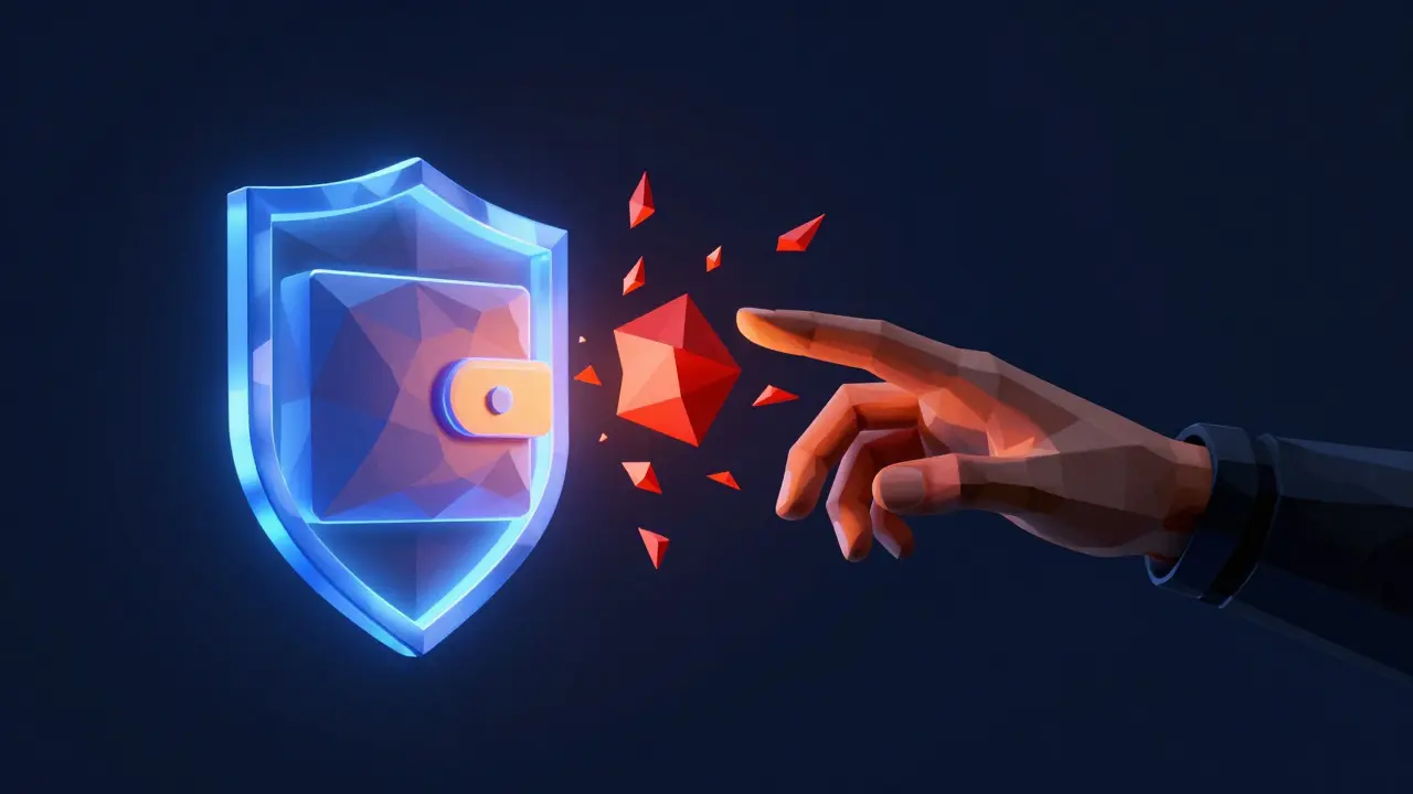 Low poly art showing a shield protecting a digital wallet from red cyber threats.