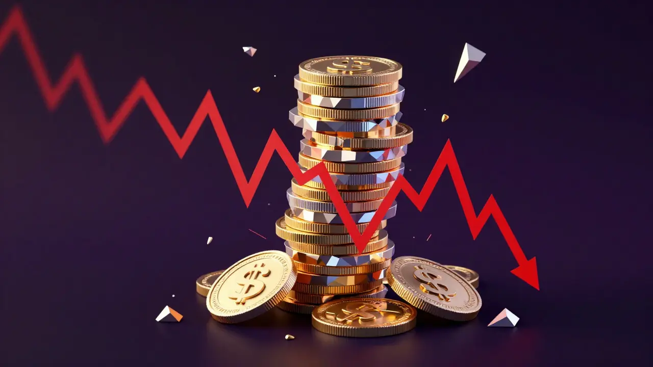Low poly coins crumbling with red arrows showing crypto market decline