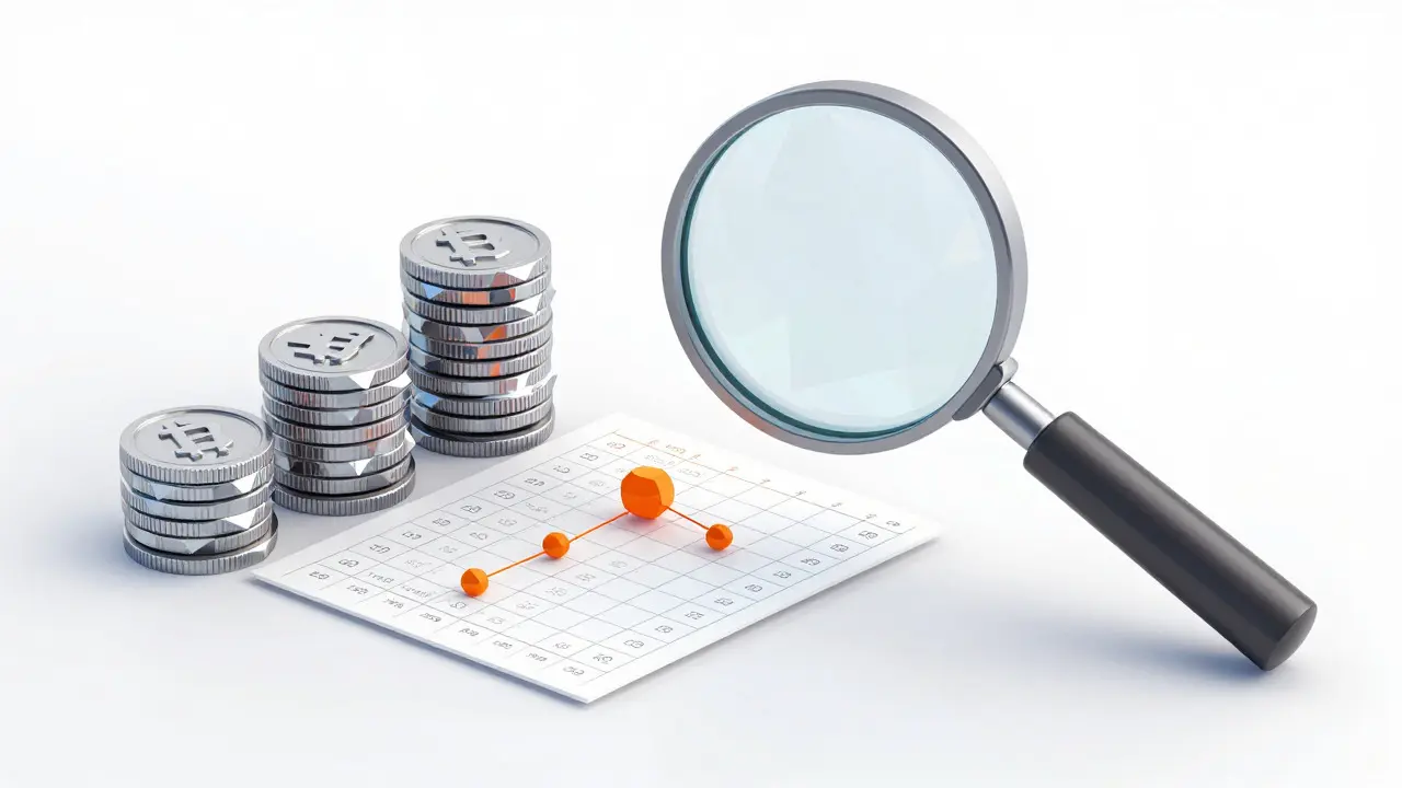 Low poly coins transforming into tax ledger grids under inspection