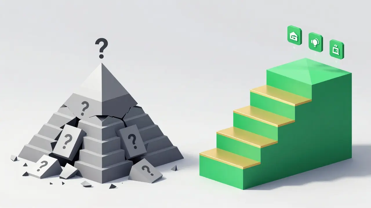 Low poly comparison of a crumbling scam pyramid versus a stable crypto growth path.
