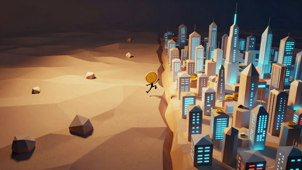 Low poly comparison of barren low-liquidity desert vs vibrant high-volume cityscape