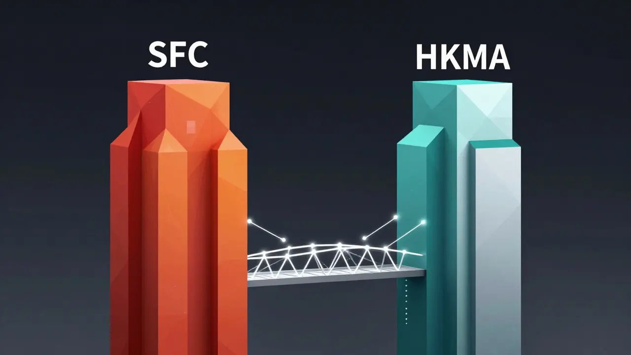Low poly geometric towers representing SFC and HKMA regulators connected by data